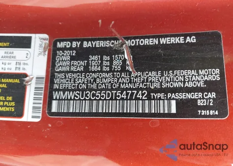 2013 Mini Cooper из США, поврежденный, VIN WMWSU3C55DT547742